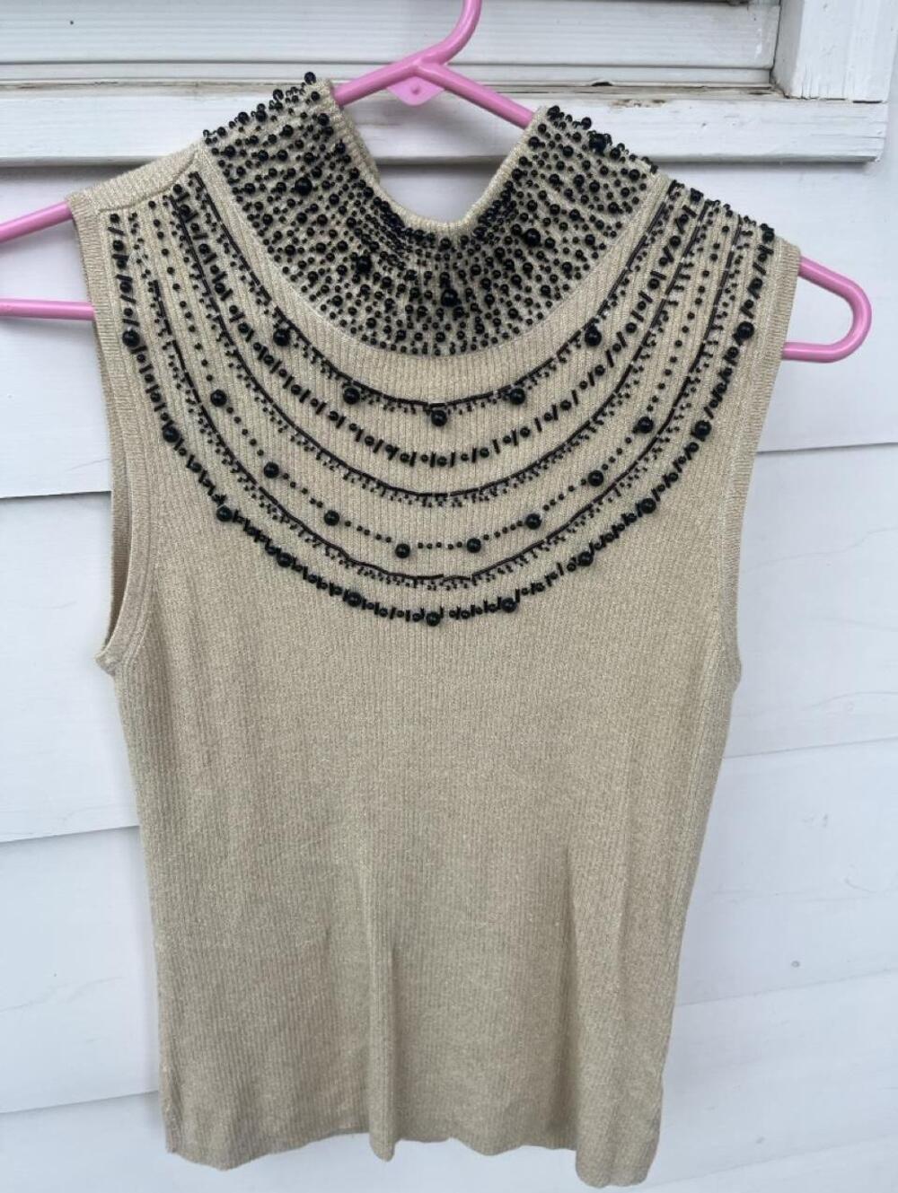 Y2K Belladini Gold Metallic Beaded Mock Neck Top